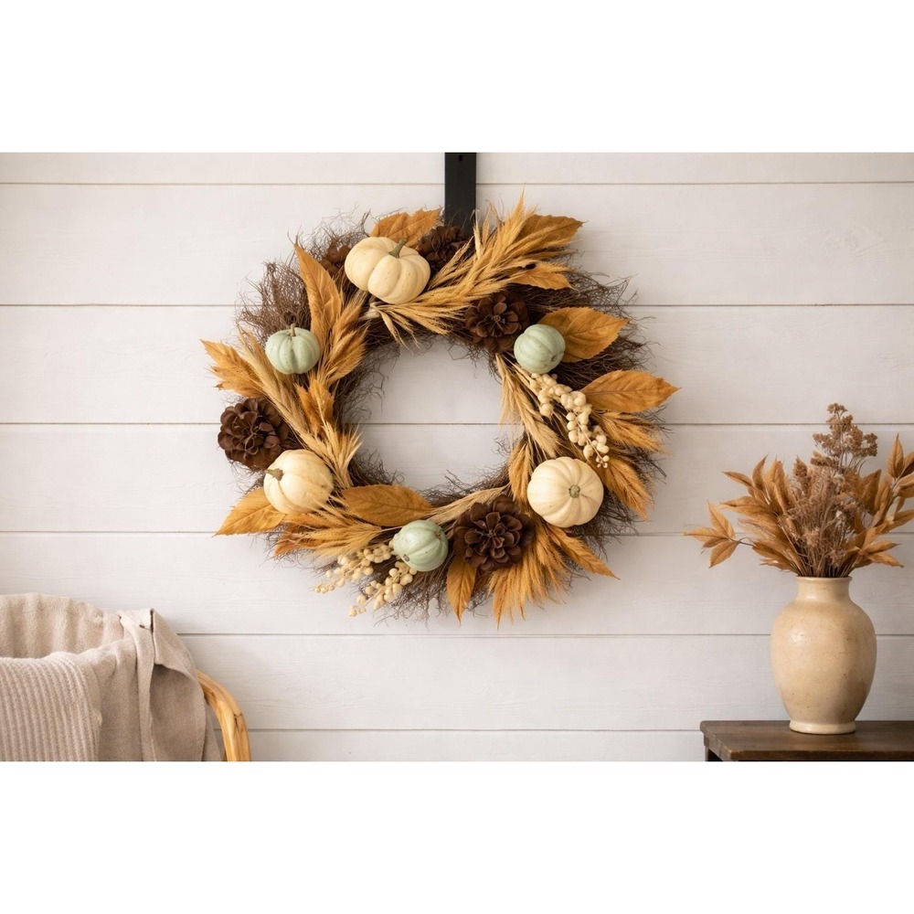 Rustic Fall Harvest Wreath Pumpkins Berries Leaves Twig 17 In